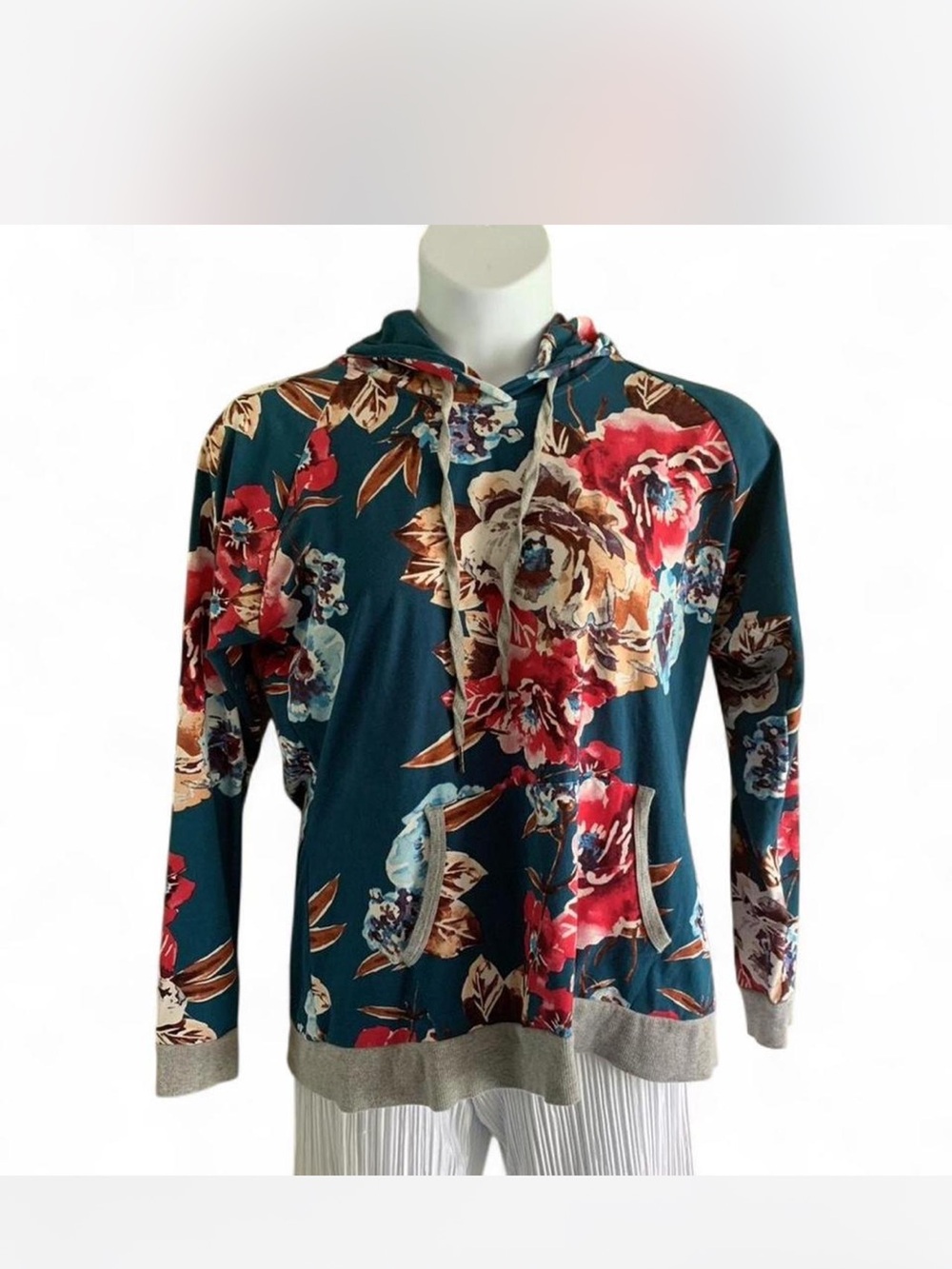 Teal Floral Hooded Pullover with pinkish-red & Cream Blooms size L